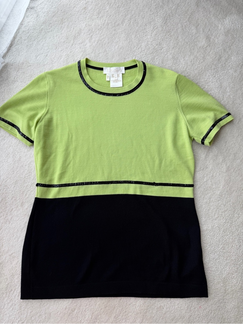 Escada Colorblock Lime Green and Black Short Sleeve Knit Top w/ Sequin Sparkles